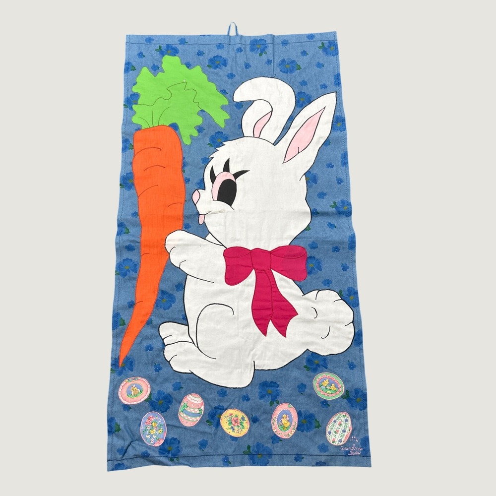 Vtg Handmade Easter Bunny Fabric Wall Hanging 52x28 Blue 1996 Spring Rabbit